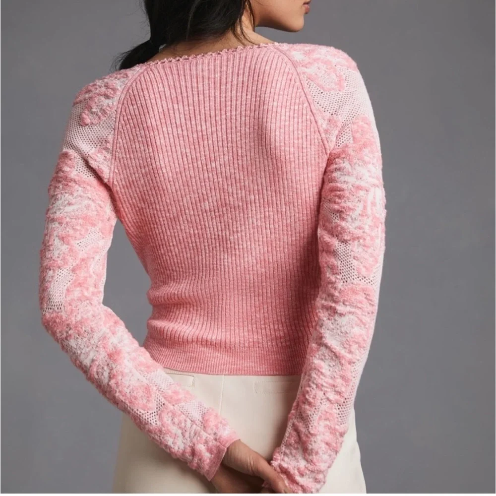 By Anthropologie Lace-Sleeve Sweater Pink S - Picture 3 of 11